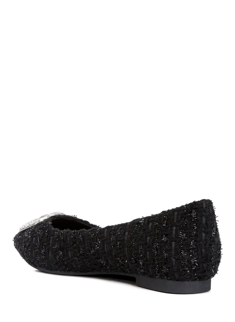 Embellished Jewel Buckle Tweed Ballet Flats in Black