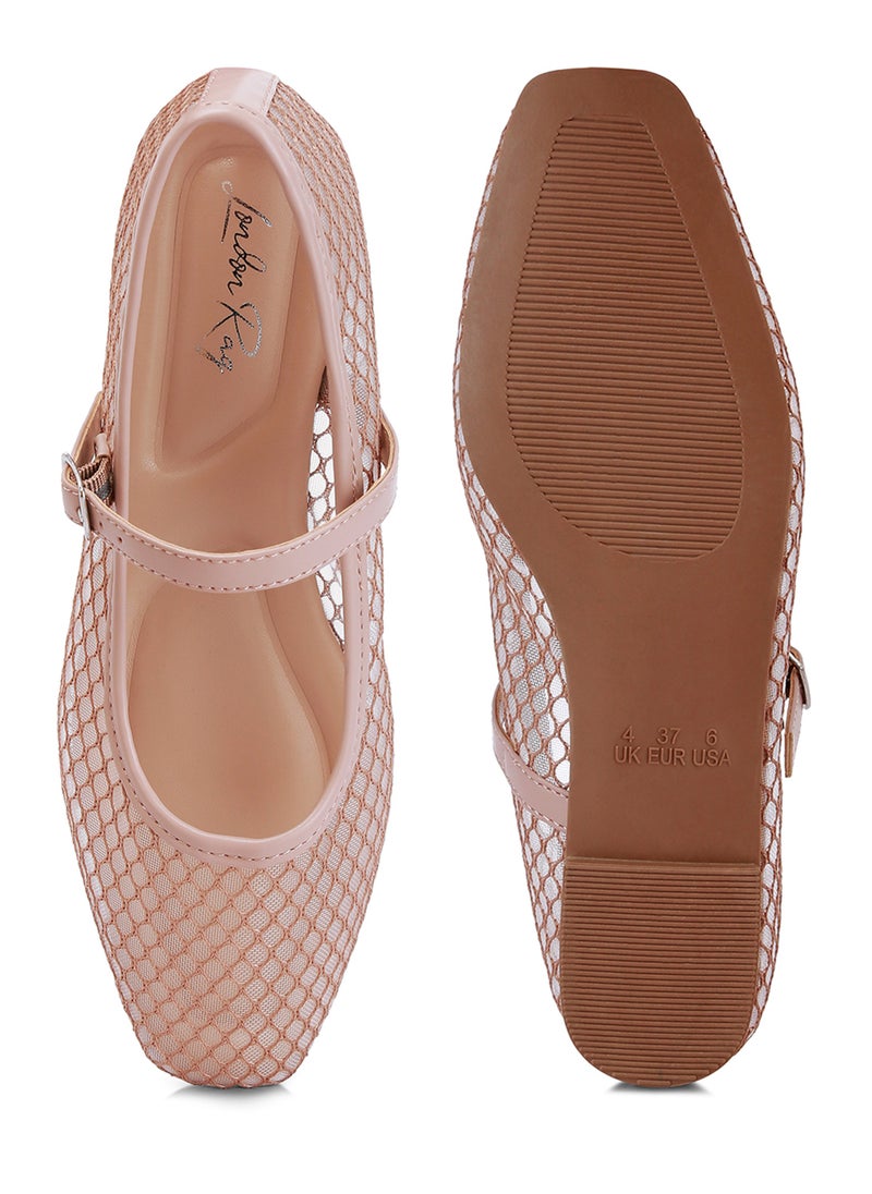 Mesh Mary Jane Flats in Camel