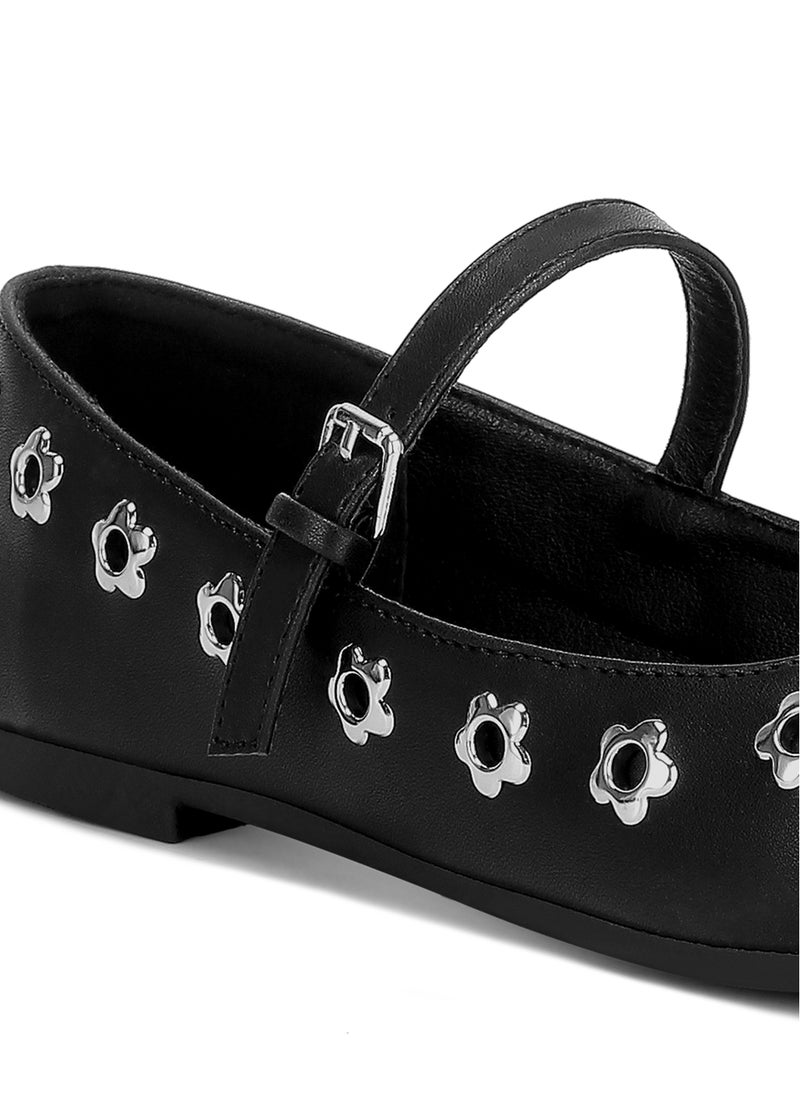 Floral Eyelet Strapped Ballerinas in Black