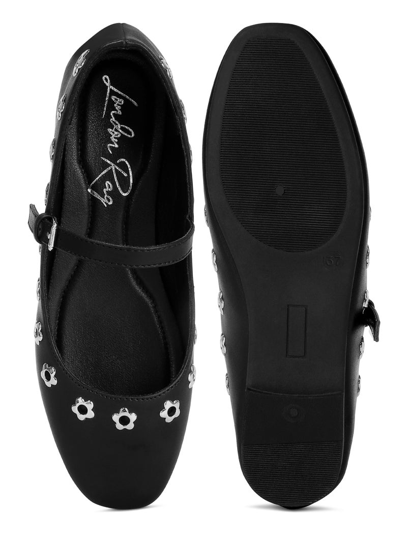 Floral Eyelet Strapped Ballerinas in Black