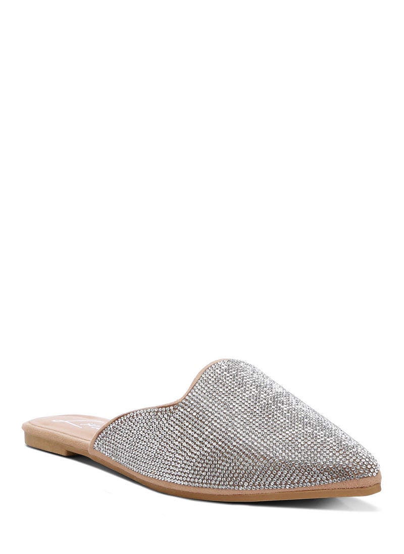 Rhinestones Embellished Mules in Beige Silver
