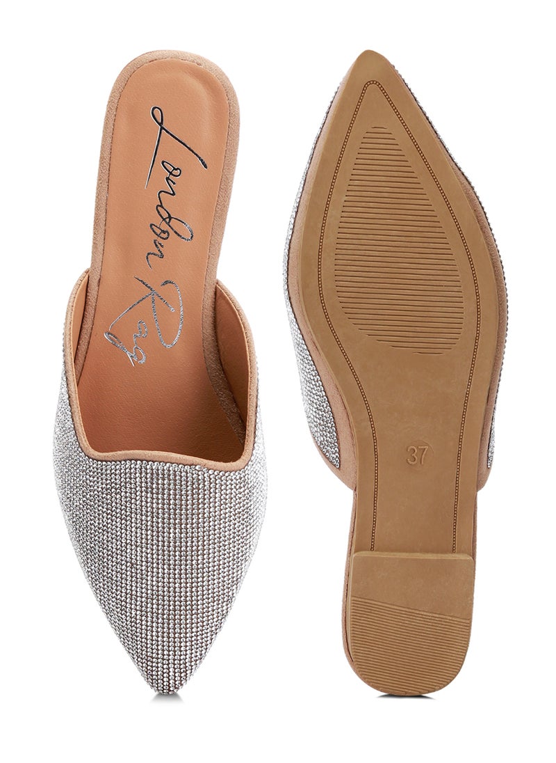 Rhinestones Embellished Mules in Beige Silver