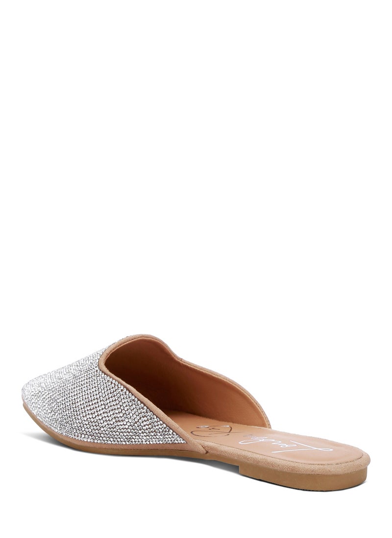 Rhinestones Embellished Mules in Beige Silver
