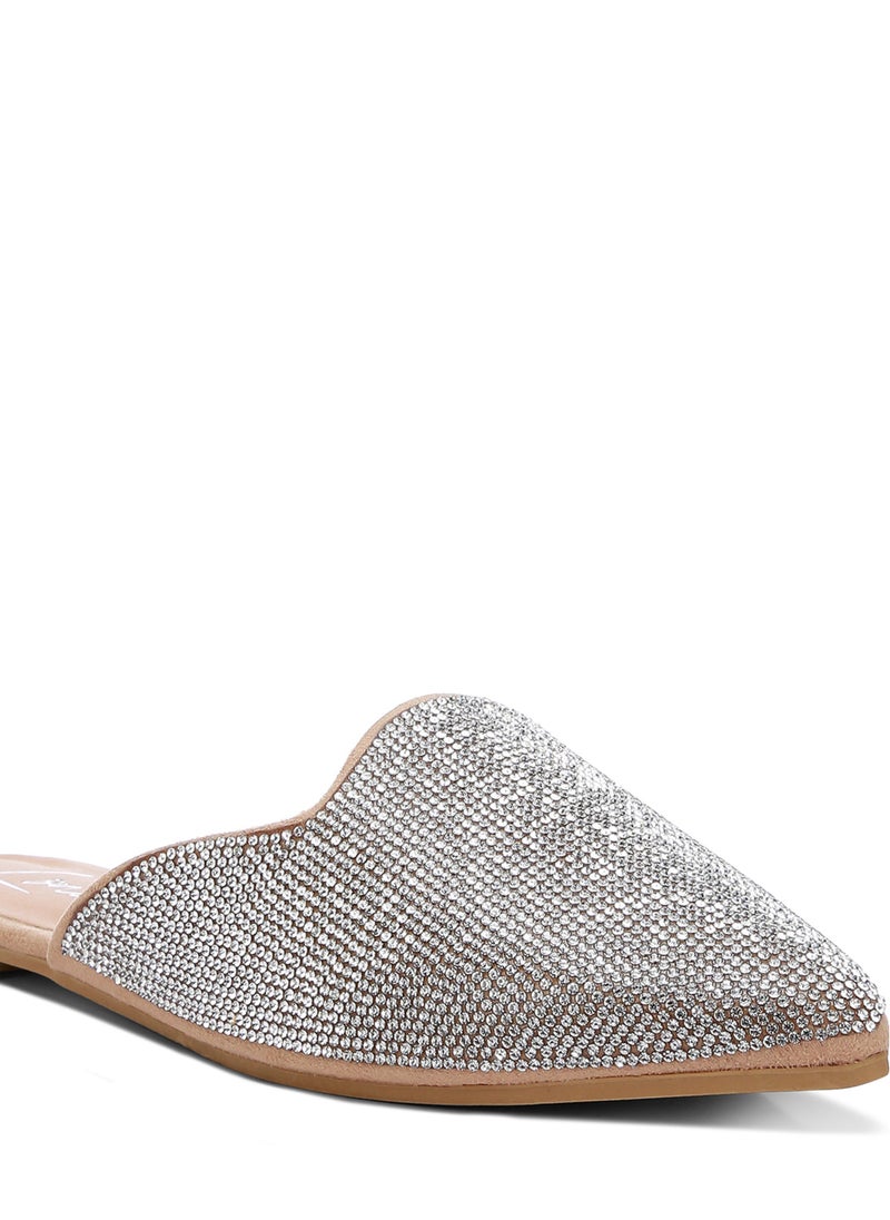 Rhinestones Embellished Mules in Beige Silver
