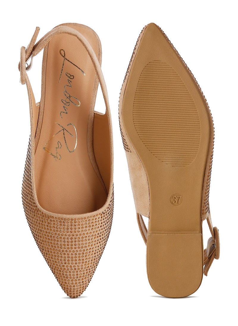 Rhinestones Embellished Slingback Mules in Beige