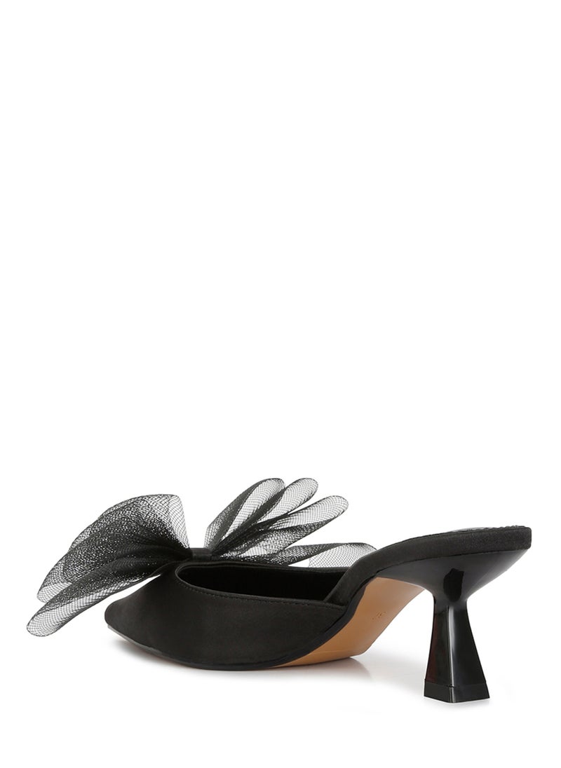 Black Organza Bow Embellished Mules