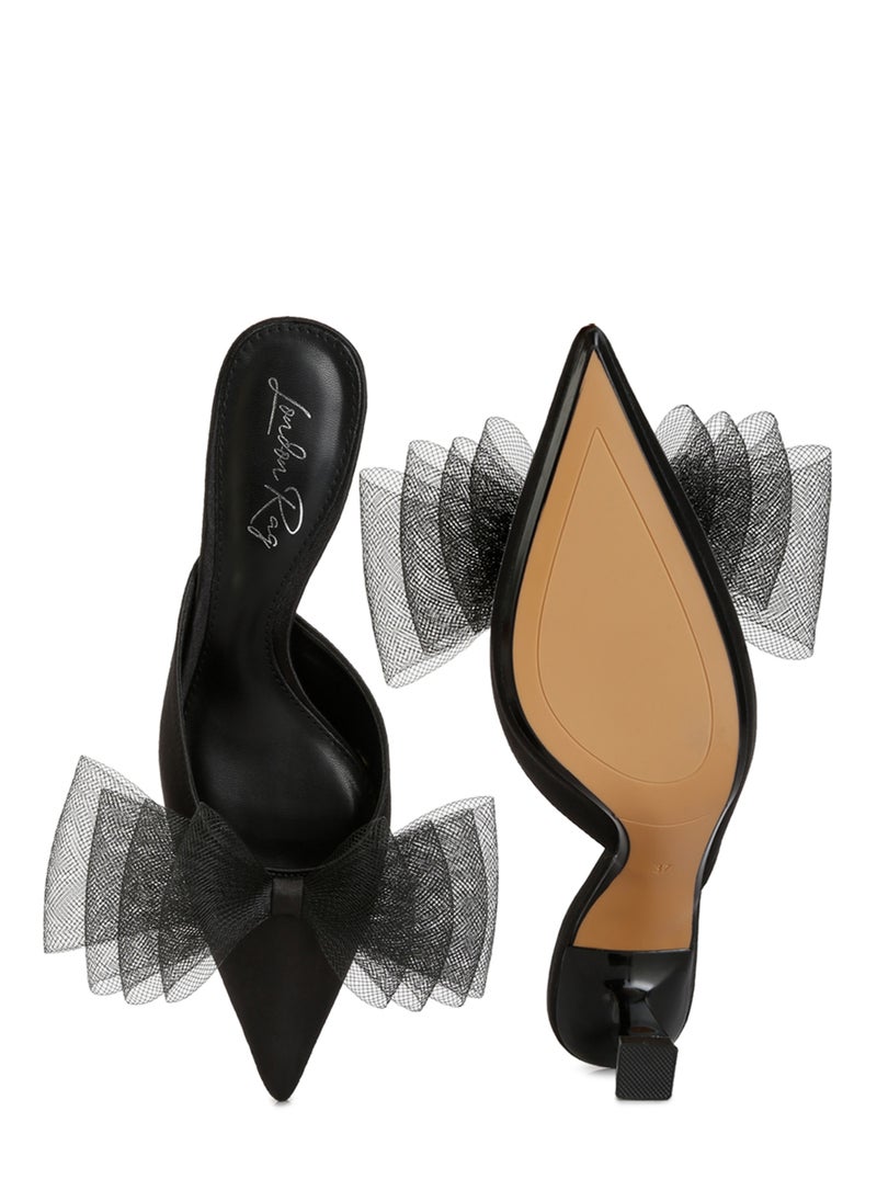 Black Organza Bow Embellished Mules