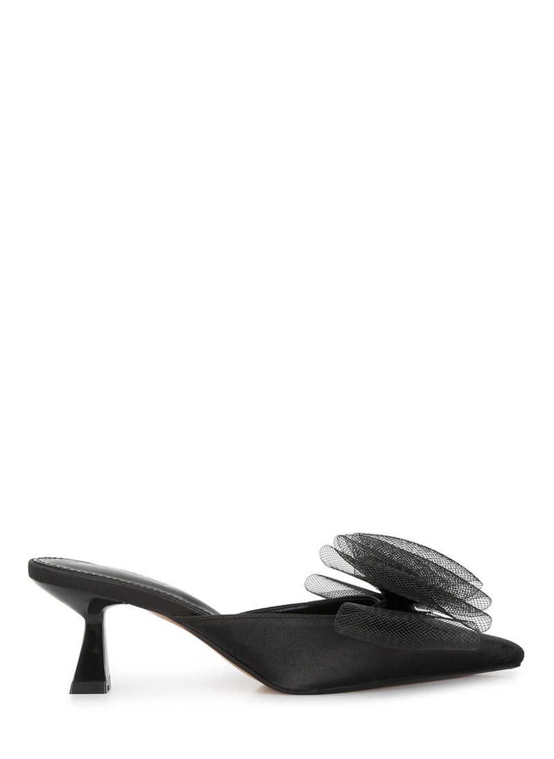 Black Organza Bow Embellished Mules