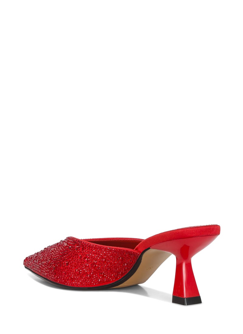 Rhinestones Embellished Satin Mules in Red