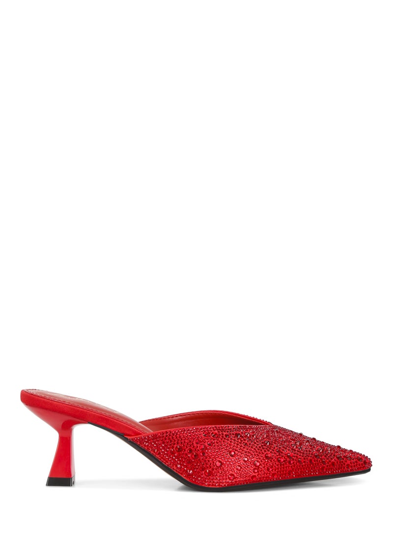 Rhinestones Embellished Satin Mules in Red