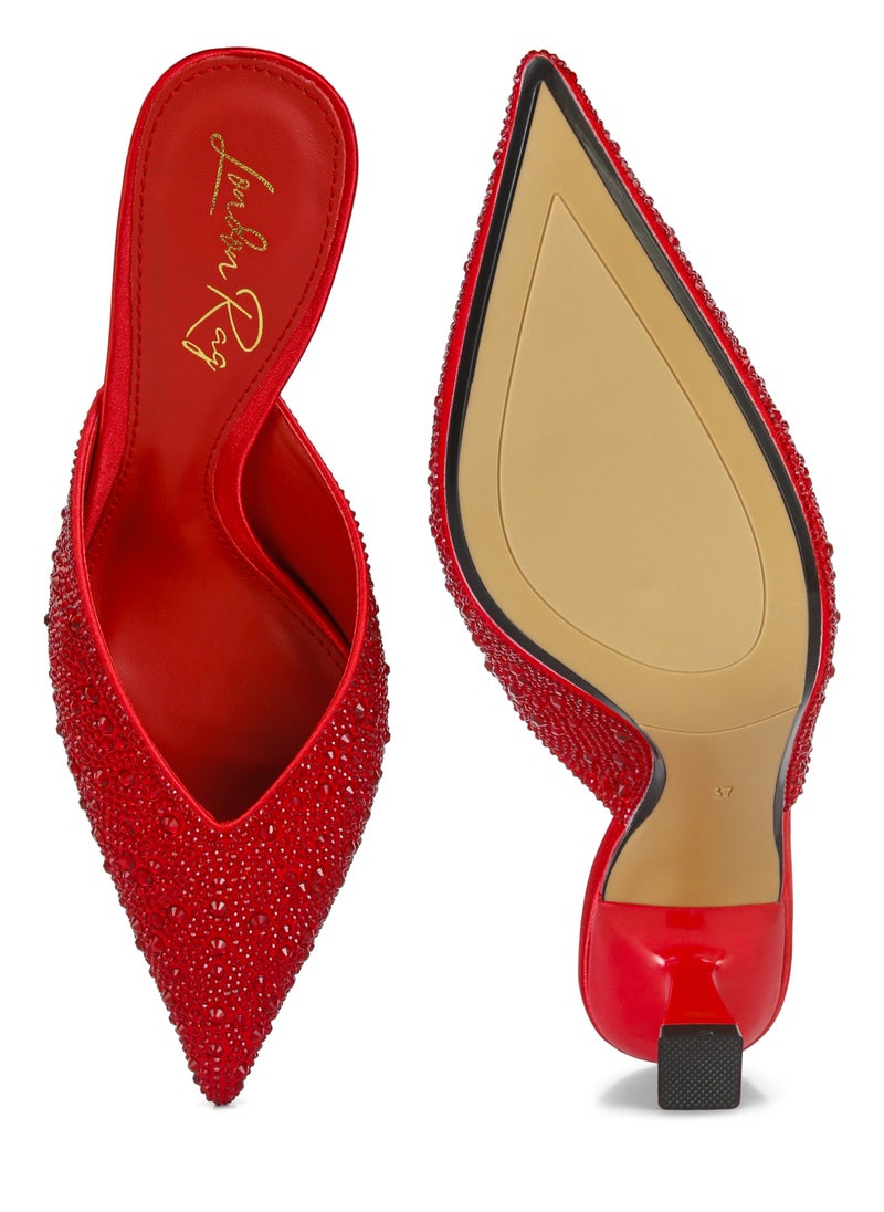 Rhinestones Embellished Satin Mules in Red