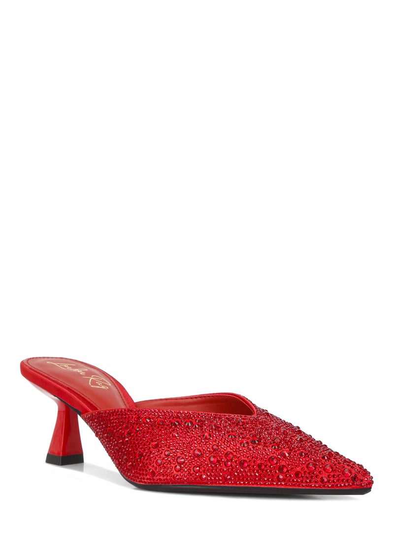 Rhinestones Embellished Satin Mules in Red