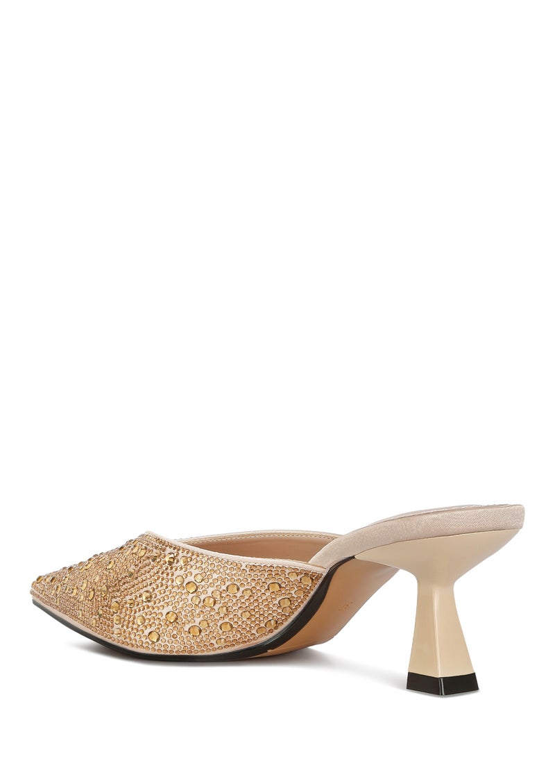 Rhinestones Embellished Satin Mules in Gold