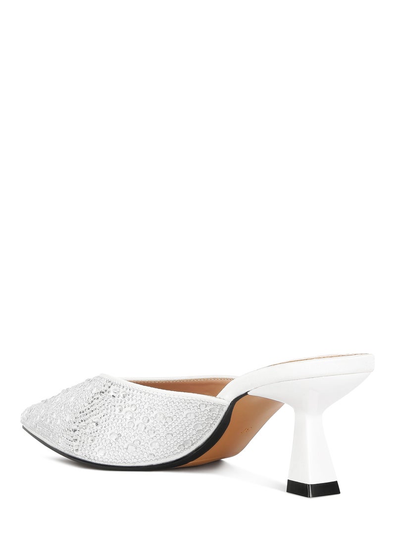 White Rhinestones Embellished Satin Mules