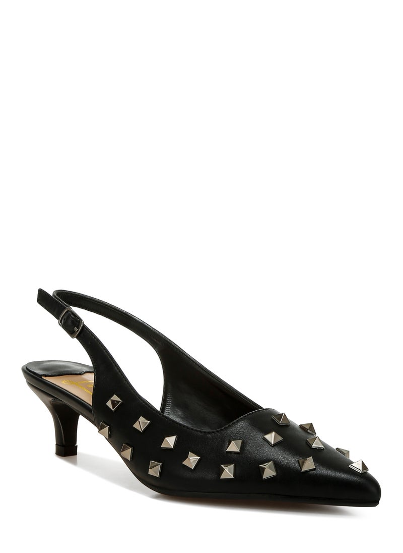 Stud Embellished Kitten Heels in Black