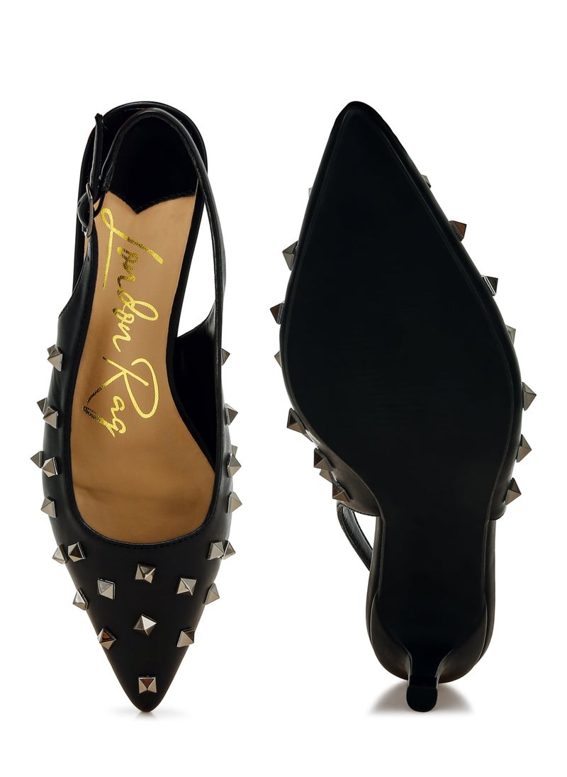 Stud Embellished Kitten Heels in Black