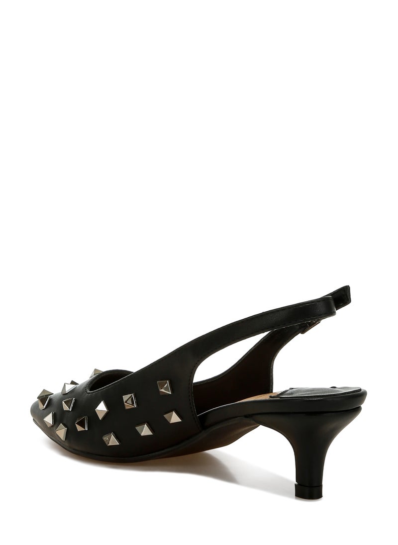 Stud Embellished Kitten Heels in Black