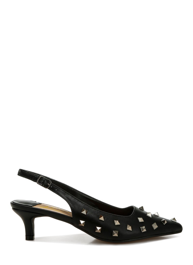 Stud Embellished Kitten Heels in Black