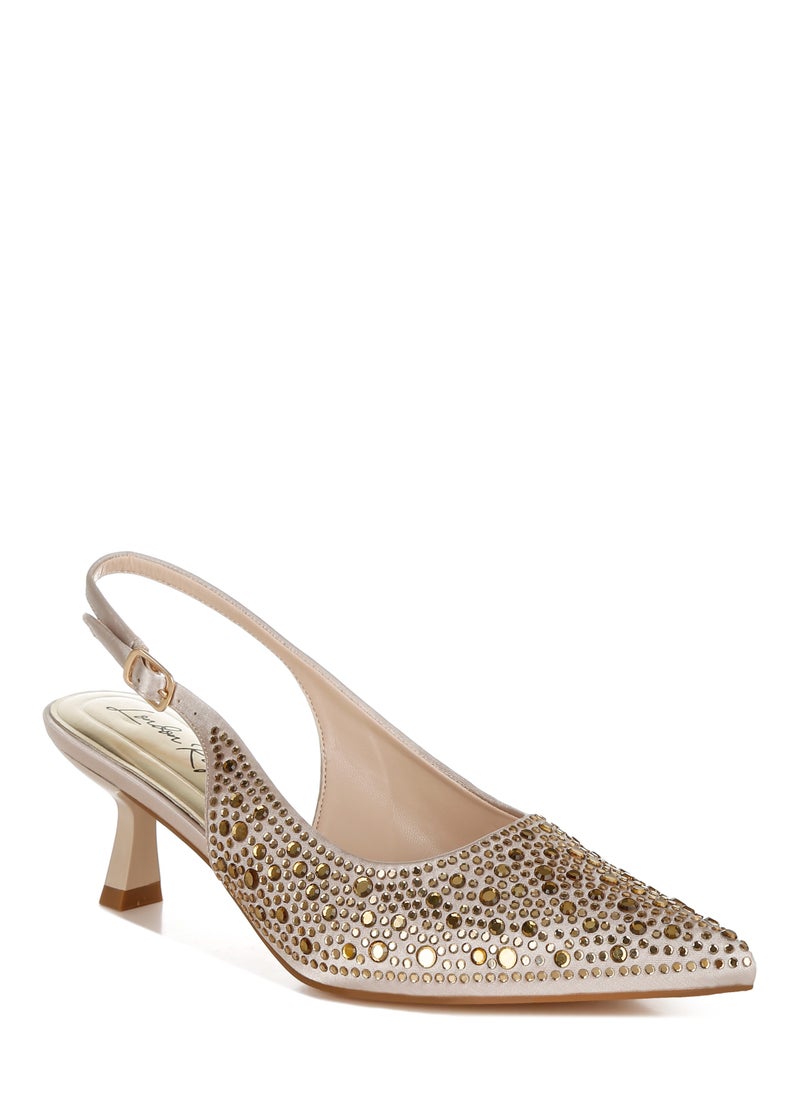 Pointed Toe Rhinestone Slingbacks in Beige