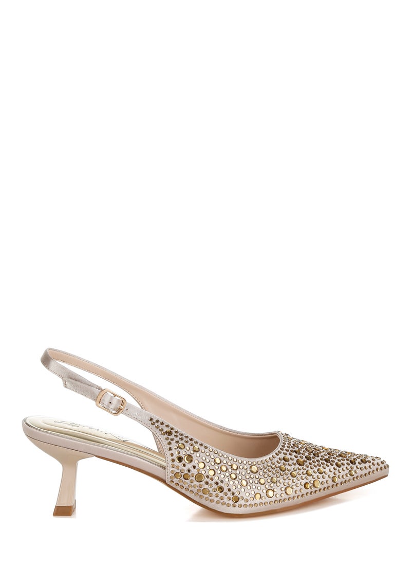 Pointed Toe Rhinestone Slingbacks in Beige