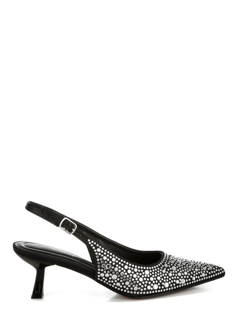 Pointed Toe Rhinestone Slingbacks in Black