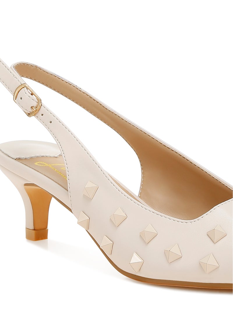 Stud Embellished Kitten Heels in Beige