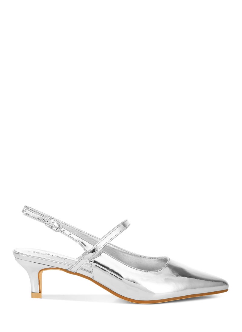 Kitten Heel Slingback Sandals in Silver