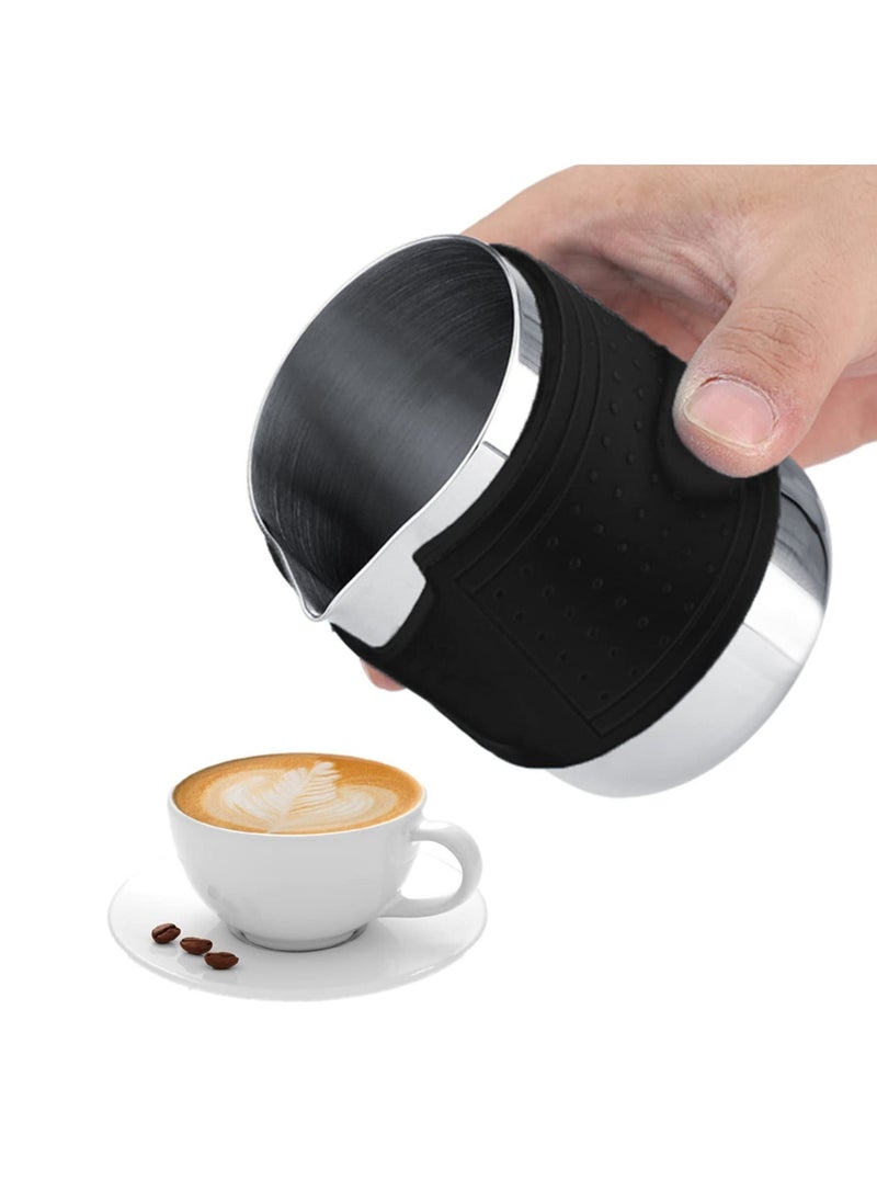 Small Milk Frother Jug, Handleless Milk Pitcher, Stainless Steel Creamer Non-Stick Teflon Frothing Pitcher, 12oz Home Kitchen Milk Cup, for Making Latte Art, Cappuccino(Black)