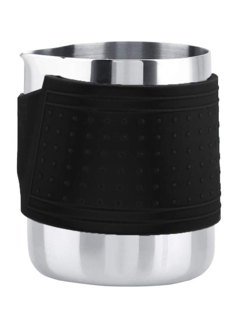 Small Milk Frother Jug, Handleless Milk Pitcher, Stainless Steel Creamer Non-Stick Teflon Frothing Pitcher, 12oz Home Kitchen Milk Cup, for Making Latte Art, Cappuccino(Black)