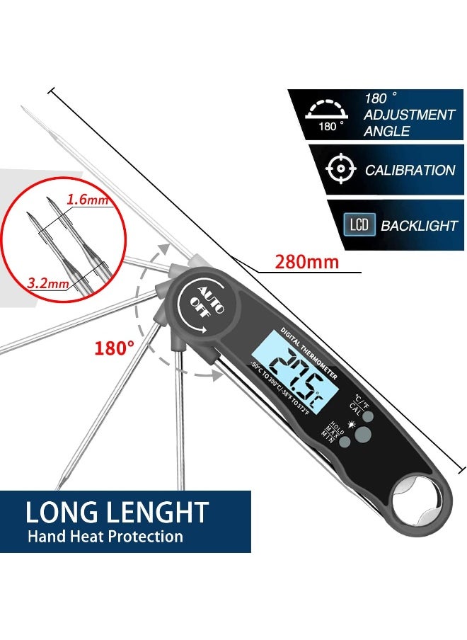 Digital Meat Thermometer Food Thermometer with LCD Magnet and Corkscrew, IPX6 Super Waterproof Kitchen Cooking Thermometer Probe for Baking, Oven, Fryer, Candy, Grill, BBQ and Turkey (BLACK)