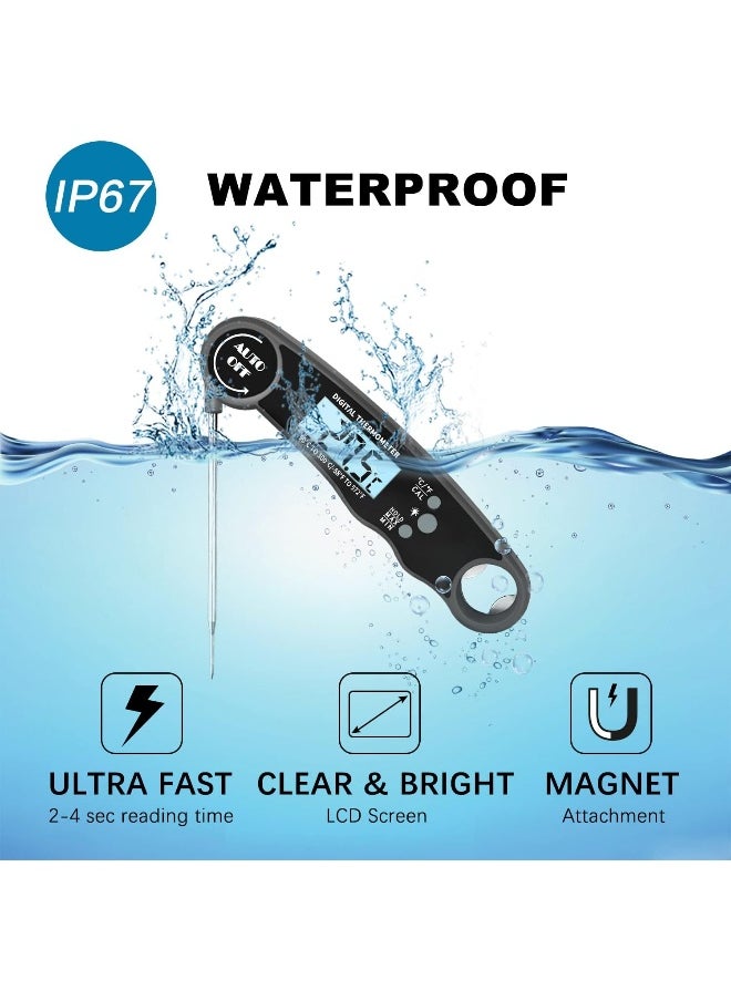 Digital Meat Thermometer Food Thermometer with LCD Magnet and Corkscrew, IPX6 Super Waterproof Kitchen Cooking Thermometer Probe for Baking, Oven, Fryer, Candy, Grill, BBQ and Turkey (BLACK)
