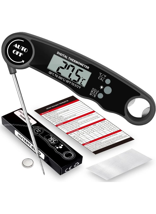 Digital Meat Thermometer Food Thermometer with LCD Magnet and Corkscrew, IPX6 Super Waterproof Kitchen Cooking Thermometer Probe for Baking, Oven, Fryer, Candy, Grill, BBQ and Turkey (BLACK)