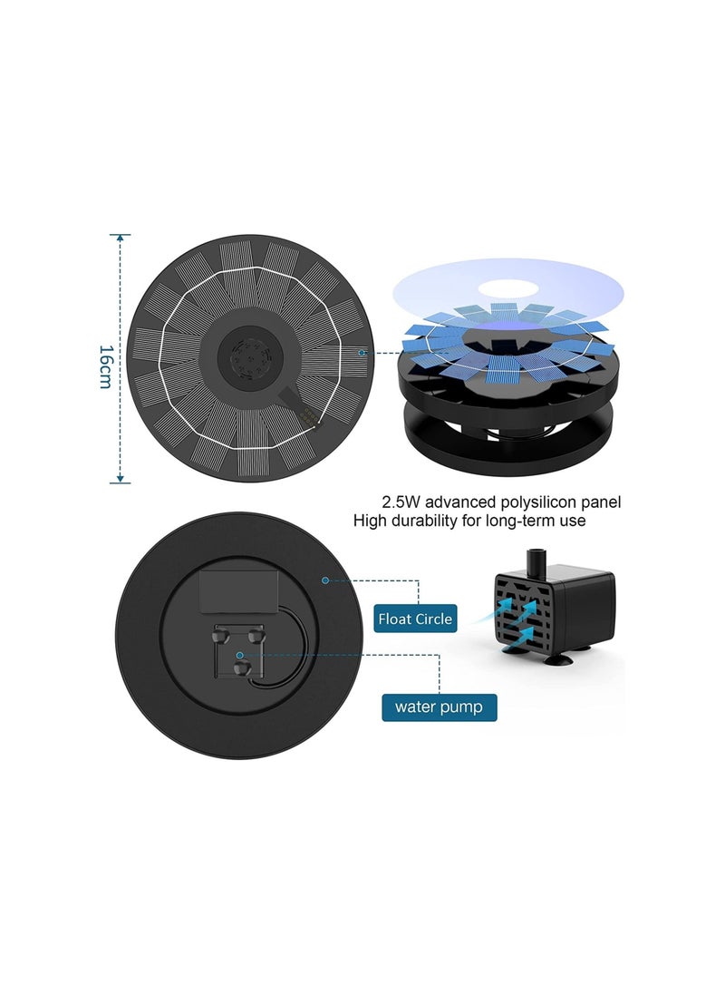 2.5W Solar Fountain Pump Solar Bird Bath Fountain With 6 Nozzles, Solar Water Fountain For Bird Bath Garden Ponds Pool Fish Tank Outdoor