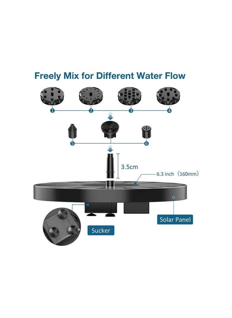 2.5W Solar Fountain Pump Solar Bird Bath Fountain With 6 Nozzles, Solar Water Fountain For Bird Bath Garden Ponds Pool Fish Tank Outdoor