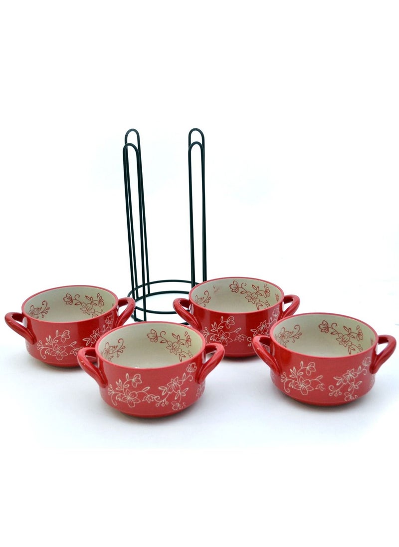 Temp-tations 4-Piece Floral Lace Bakers with Metal Wire Rack, Red