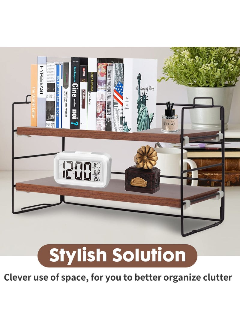 Desk Shelf Organizer, 2 Tier Desktop Shelves, Adjustable Bookshelf Storage Rack and Office Cubicle Decor for Tabletop, School, Office, Dorm Organization (Black Frame + Wood Board)