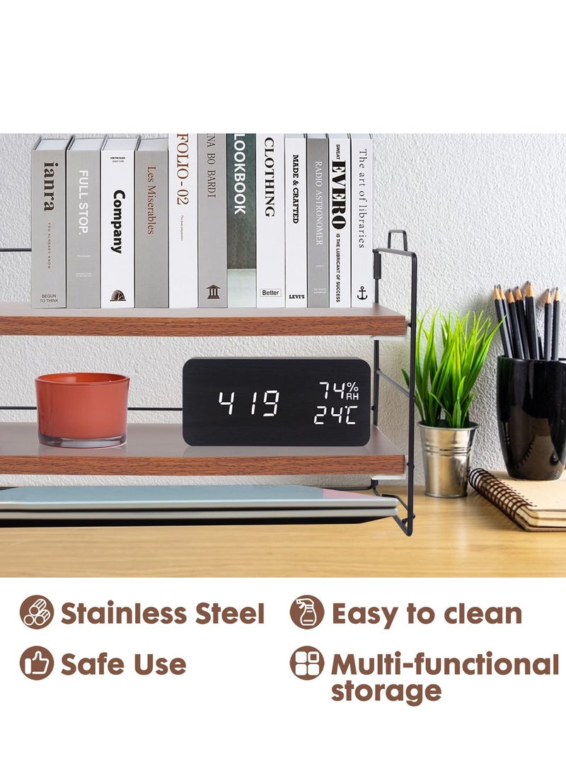 Desk Shelf Organizer, 2 Tier Desktop Shelves, Adjustable Bookshelf Storage Rack and Office Cubicle Decor for Tabletop, School, Office, Dorm Organization (Black Frame + Wood Board)