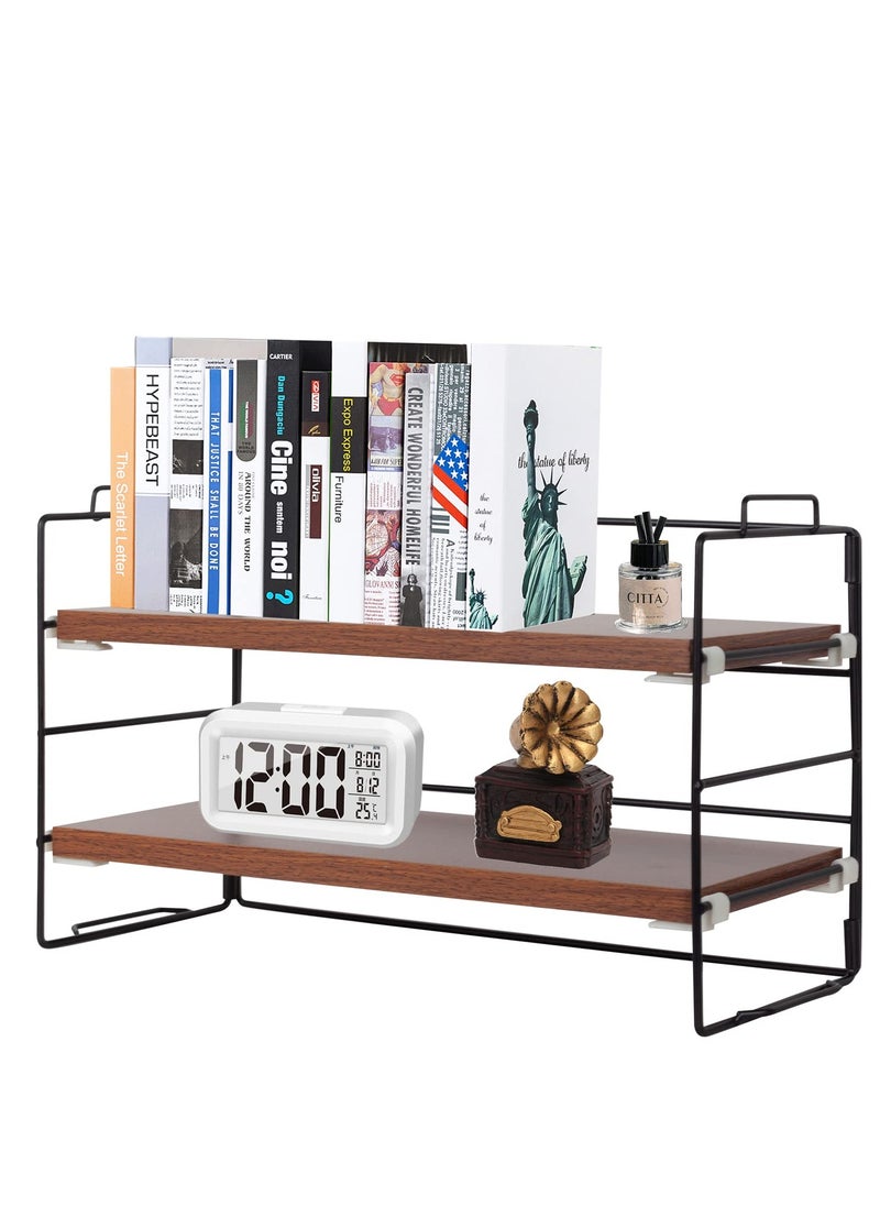 Desk Shelf Organizer, 2 Tier Desktop Shelves, Adjustable Bookshelf Storage Rack and Office Cubicle Decor for Tabletop, School, Office, Dorm Organization (Black Frame + Wood Board)