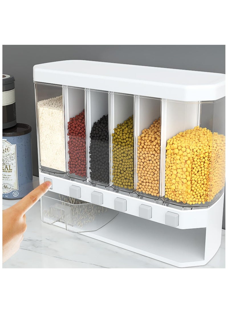 Cereal Dispenser, Airtight BPA-Free Dry Food Storage Container for Kitchen, Rice, Grains, Beans, & More, One-Click Dispenser, 6-Grid Organizer, Moisture-Proof, Easy Access, Large Capacity