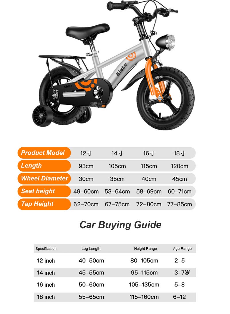 12-18 Inch Kids Bike High Carbon Steel Kids' Bike Children's Bicycle For 2-12 Years Old Girls And Boys With Training Wheels With Headlight Adjustable Seat Tail Rear Rack Wear-Resistant Tires Sensitive Brakes Safe and Stable 12inchcm