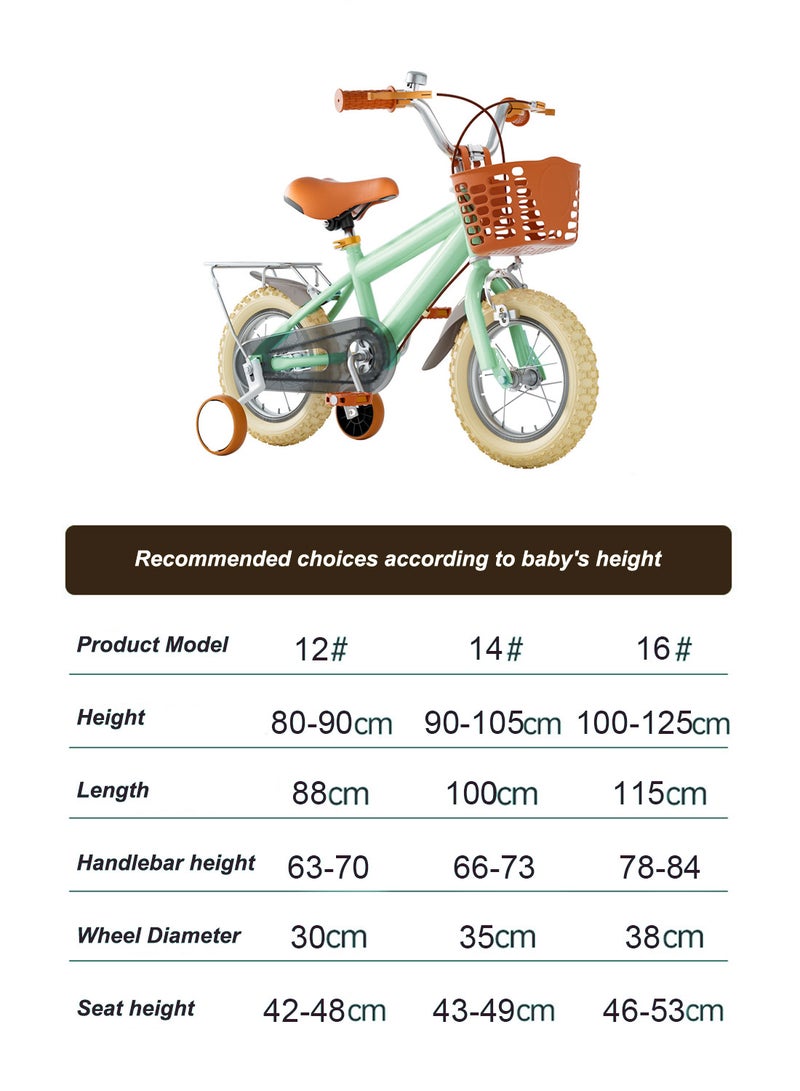 12-16 Inch Kids Bike High Carbon Steel Kids' Bike Children's Bicycle Suitable For Height 80-125cm Girls And Boys With Training Wheels With Headlights Adjustable Seat Rear Rear Seat Rack Wear-Resistant Tires Sensitive Brakes Safe And Stable 12inchcm