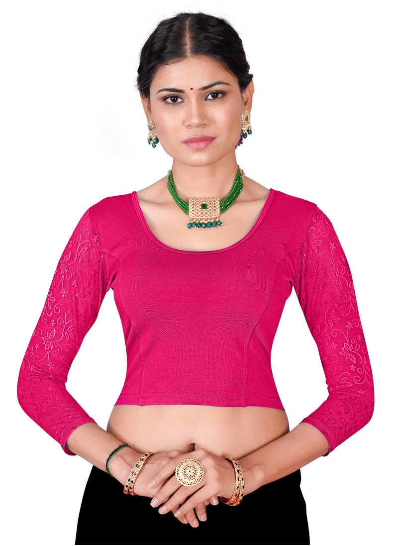 CRAZYBACHAT Readymade Designer Stretchable Blouse with ¾ Net Sleeves – Perfect for Sarees & Crop Tops