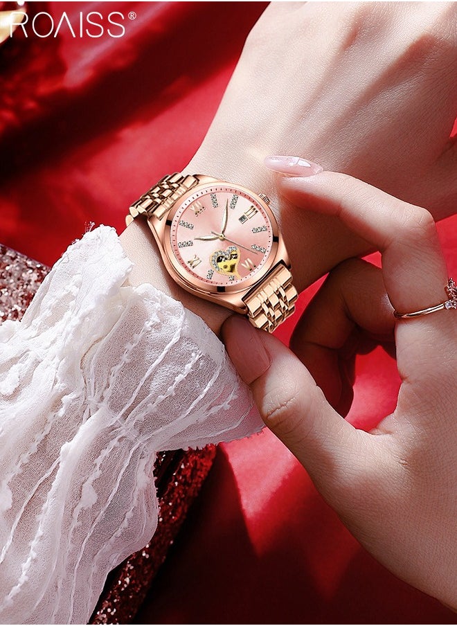 Fashion Quartz Watch for Women Pointer Display, Steel Band with Rhinestone Decoration, Hollow Heart Design. Luminous, Waterproof with Date Feature Ideal Gift for Female