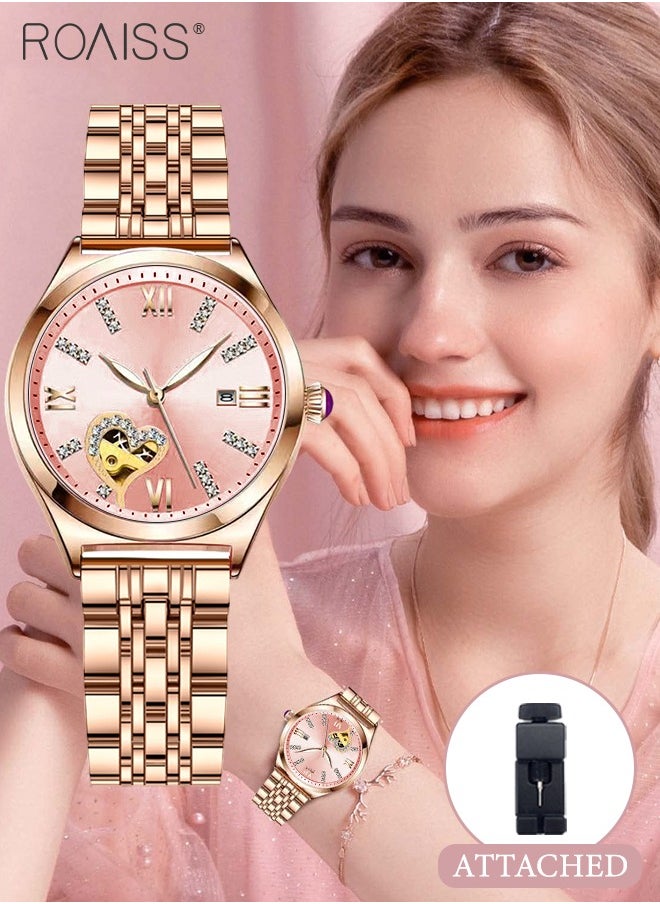 Fashion Quartz Watch for Women Pointer Display, Steel Band with Rhinestone Decoration, Hollow Heart Design. Luminous, Waterproof with Date Feature Ideal Gift for Female