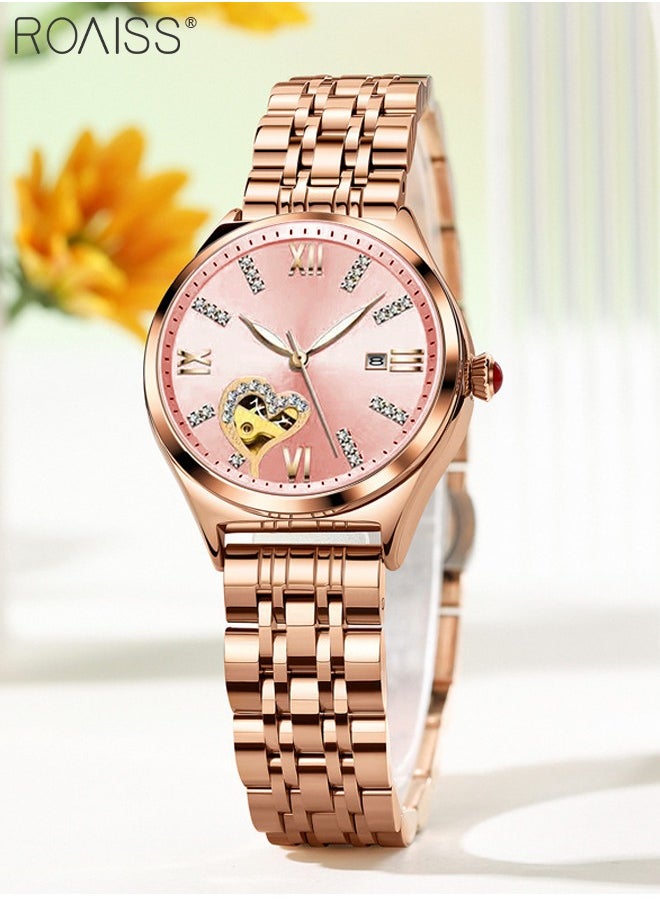 Fashion Quartz Watch for Women Pointer Display, Steel Band with Rhinestone Decoration, Hollow Heart Design. Luminous, Waterproof with Date Feature Ideal Gift for Female