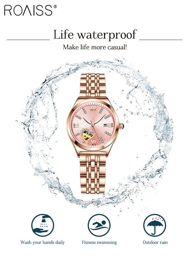 Fashion Quartz Watch for Women Pointer Display, Steel Band with Rhinestone Decoration, Hollow Heart Design. Luminous, Waterproof with Date Feature Ideal Gift for Female