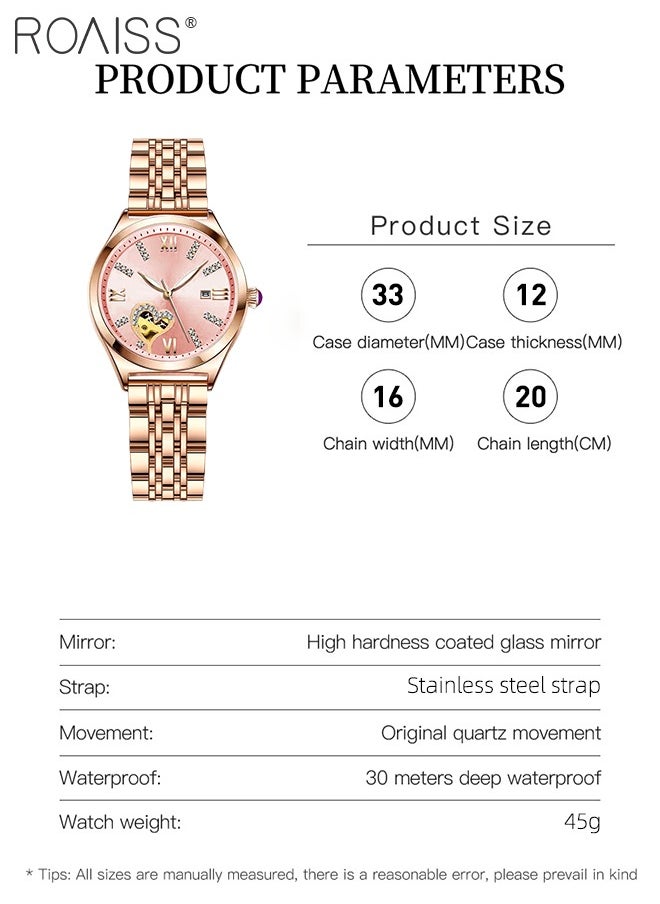 Fashion Quartz Watch for Women Pointer Display, Steel Band with Rhinestone Decoration, Hollow Heart Design. Luminous, Waterproof with Date Feature Ideal Gift for Female