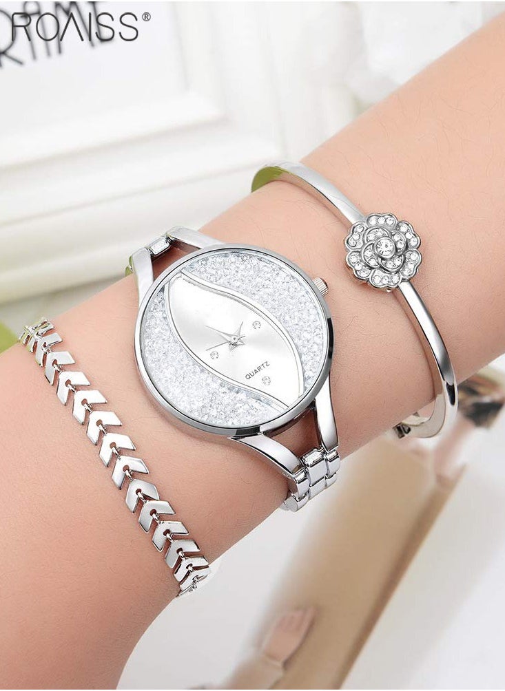 Women's Fine Watch and Bracelet Set, Pointer Quartz Watch with Rhinestone Embellishment, Deluxe Silver 3 Piece Watch Bracelet As Gift for Woman