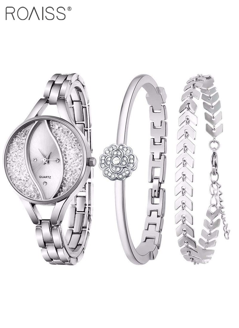 Women's Fine Watch and Bracelet Set, Pointer Quartz Watch with Rhinestone Embellishment, Deluxe Silver 3 Piece Watch Bracelet As Gift for Woman