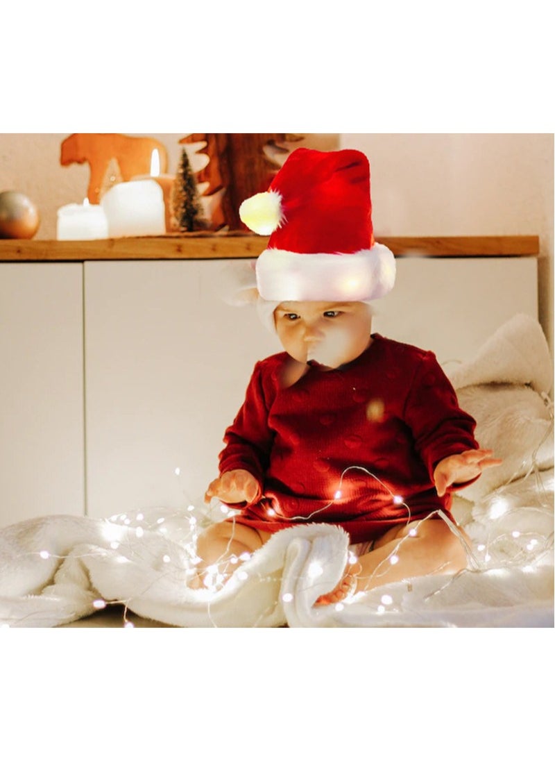 Santa Hats Christmas Hats for Adults Kids 2PCS Soft Thicken Classic Santa Hat LED Light for Xmas New Year Party